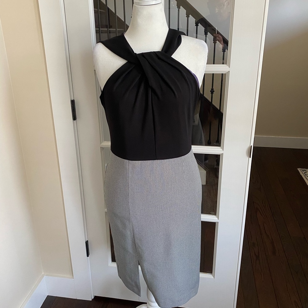 White House Black Market White and Black Houndstooth Halter Neck Sheath Dress